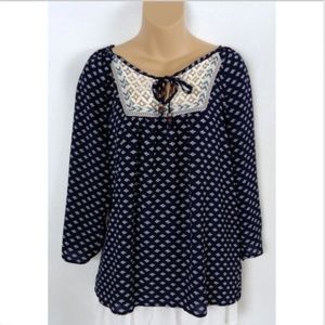 Rewind Peasant Blouse Shirt Navy Lace Aztec Boho